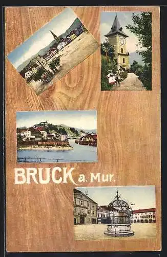 AK Bruck a. Mur, Platz mit Kirche, Partie am Wasser, Uhrturm