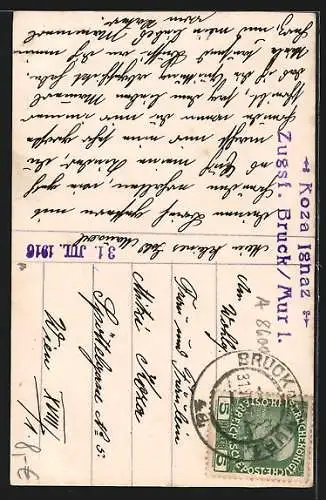 AK Bruck a. Mur, Platz mit Kirche, Partie am Wasser, Uhrturm