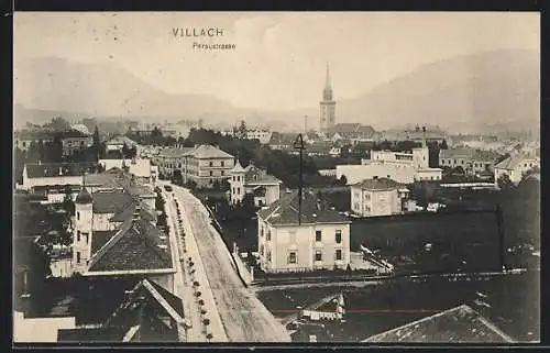 AK Villach, Peraustrasse aus der Vogelschau