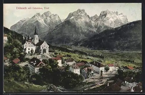Künstler-AK Dölsach, Ortsansicht mit Unholden