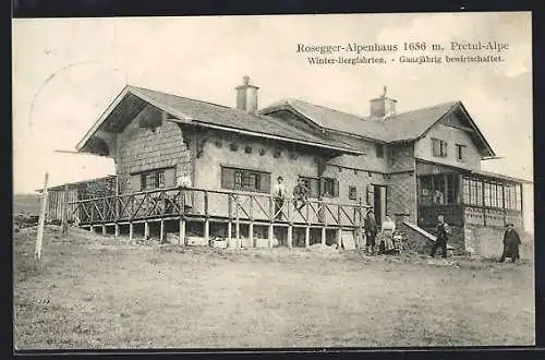 AK Rosegger-Alpenhaus, Menschen auf der Terrasse