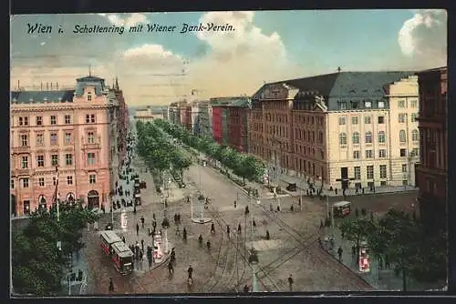 AK Wien, Schottenring mit Wiener Bank-Verein, Strassenbahn und Litfasssäule