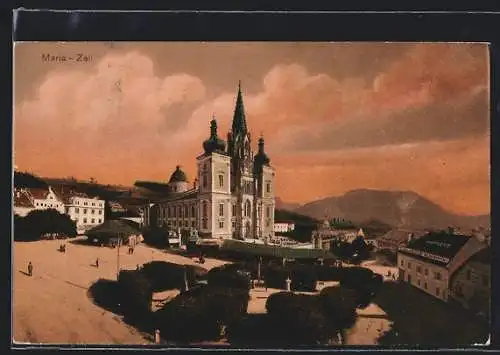 AK Maria Zell, Blick auf die Kirche im Morgenrot
