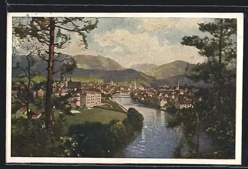 Künstler-AK Leoben, Ortsansicht mit Fluss und Brücke