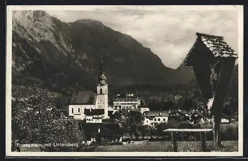 AK Grossgmain, Ortsansicht mit Wegkreuz, Kirche und Untersberg