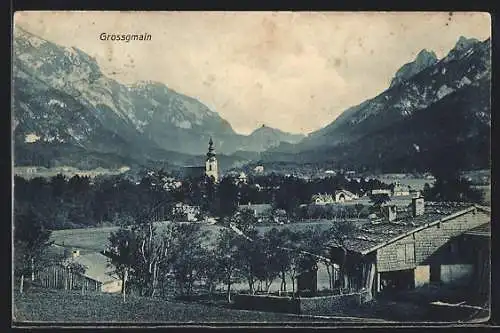 AK Grossgmain, Blaue Ortsansicht mit Bergen