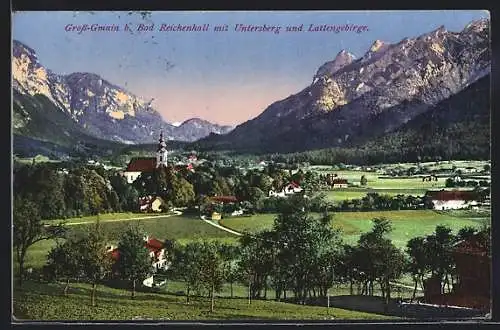 AK Grossgmain, Ortansicht mit Unterberg und Lattengebirge