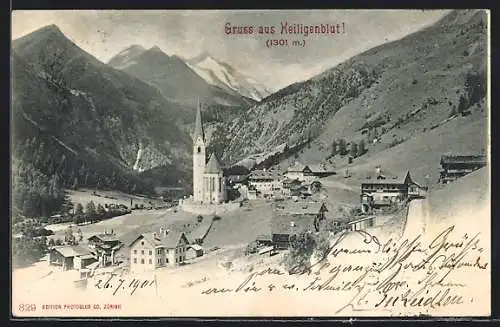 AK Heiligenblut, Ortsansicht mit Kirche und Bergen