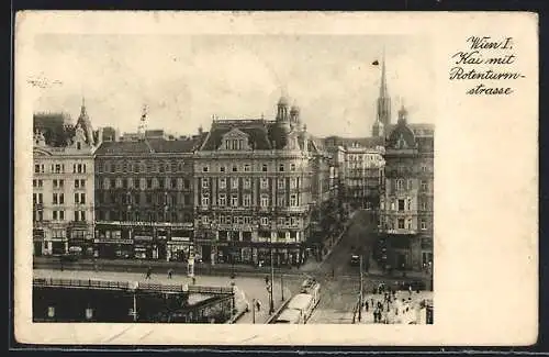 AK Wien, Am Kai mit Rotenturmstrasse aus der Vogelschau, Strassenbahn