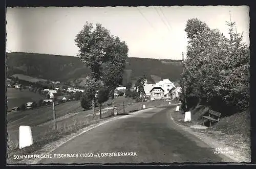 AK Fischbach /Oststeiermark, Blick von der Strasse mit Bank auf Gebäude