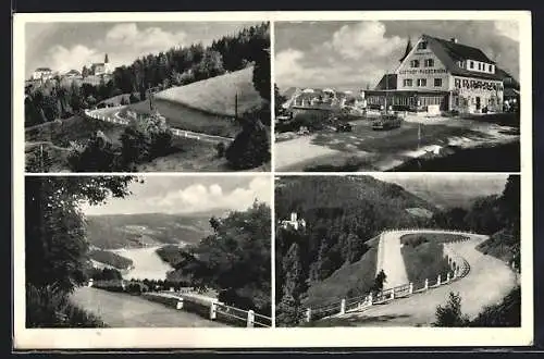 AK Pack /Steiermark, Gasthof Packerhöhe, Packerstrasse mit Stausee, Schloss Waldenstein
