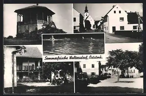 AK Bad Waltersdorf /Oststmk., Pavillon, Kirche, Badende Kurgäste