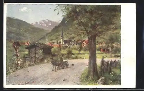 Künstler-AK Badgastein, Hofgartenstrasse mit Eselkutsche, Ortsansicht im Hintergrund