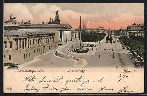 AK Wien, Parlamentsgebäude und Franzens-Ring im Morgengrauen, Strassenbahn