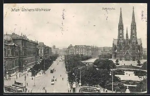 AK Wien, Universitätsstrasse und Votivkirche, Kiosk, Strassenbahn