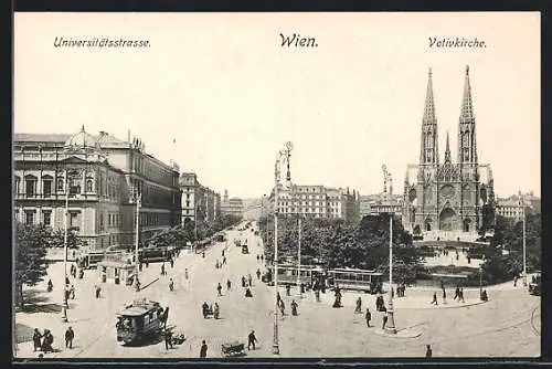 AK Wien, Universitätsstrasse und Votivkirche, Strassenbahn, Kiosk