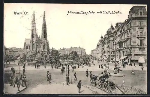 AK Wien, Maximilianplatz mit Votivkirche, Kutsche, Passanten