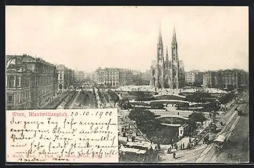 AK Wien, Maximilianplatz mit Votivkirche und Strassenbahnverkehr