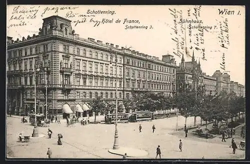 AK Wien, Schottenring mit Hotel de France und Sühnhaus, Strassenbahn