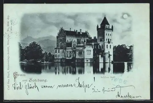 Mondschein-AK Salzburg, Schloss Anif, vom Wasser gesehen
