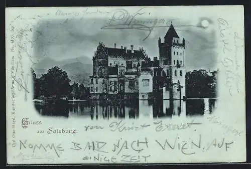 Mondschein-AK Salzburg, Schloss Anif, Ansicht vom Wasser
