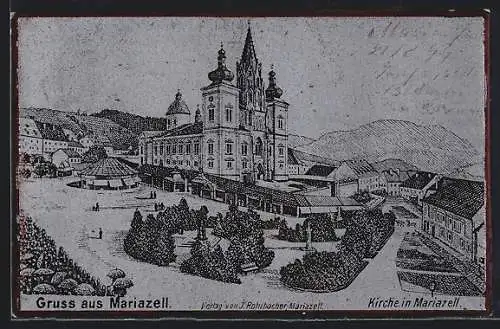 AK Mariazell, Ortsansicht mit Kirche aus der Vogelschau