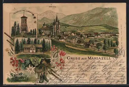 Lithographie Mariazell, Totalansicht, Schutzhaus & Bürgeralpe