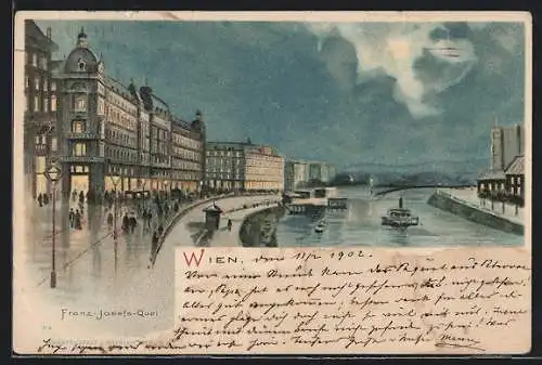 Mondschein-Lithographie Wien, Franz-Josefs-Quai mit Donau und Bergpanorama