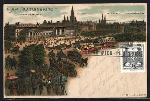 Vorläufer-Lithographie Wien, 1895, Am Franzensring, mit Parlament, Rathaus, Hofburg, Pferdebahn, Soldaten