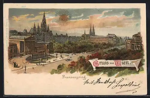 Lithographie Wien, Blick über den Franzensring aus der Vogelschau