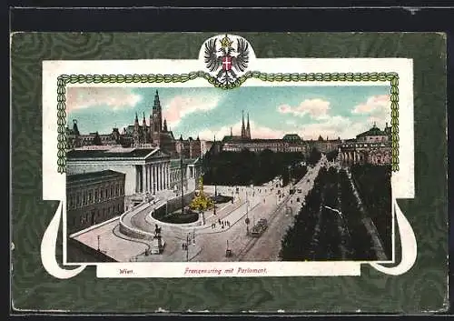 Passepartout-AK Wien, Franzensring mit Parlament aus der Vogelschau, Wappen, Ornamente