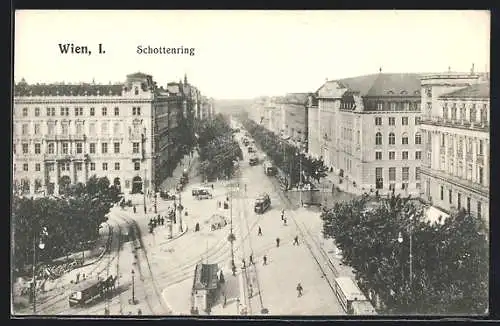 AK Wien, Schottenring mit Strassenbahnen aus der Vogelschau