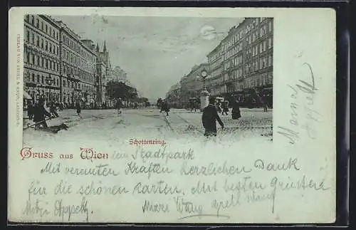 Mondschein-AK Wien, Schottenring, Strassenpartie mit Litfasssäulen-Uhr