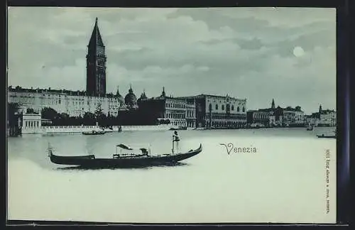 Mondschein-AK Venedig, Panorama mit Gondel