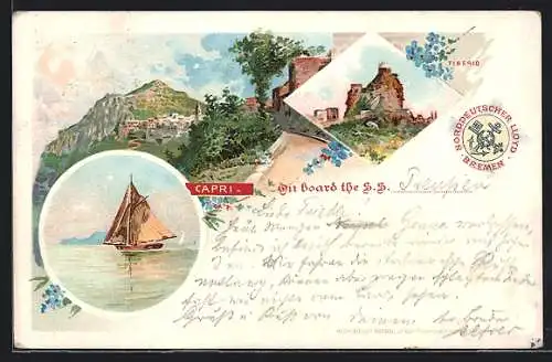 Lithographie Capri, Teilansicht, Tiberio, Segelboot