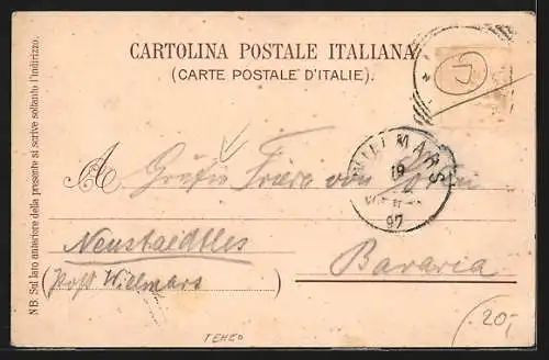 Lithographie Capri, Teilansicht, Tiberio, Segelboot