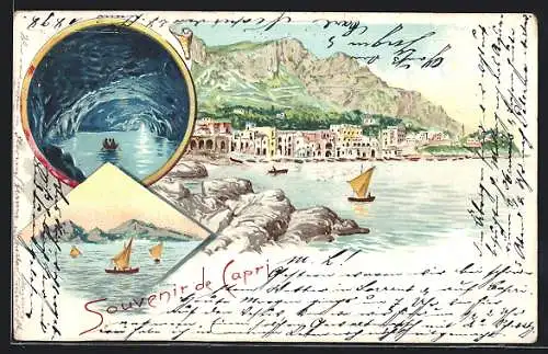 Lithographie Capri, Ortsansicht, Höhle, Segelboot