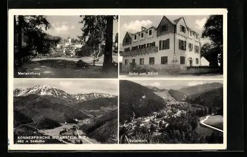AK Gutenstein, Totalansicht mit Bergpanorama und Talblick, Mariahilfberg, Hotel zum Bären