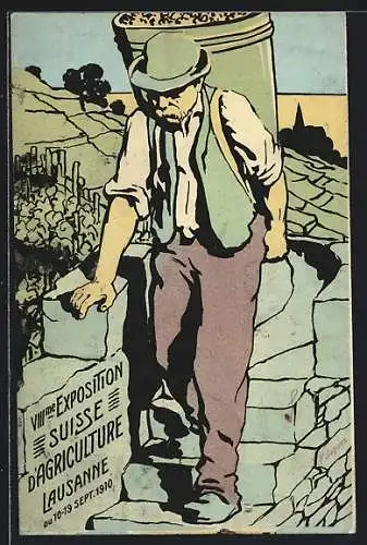 Künstler-AK Lausanne, VIII Exposition Suisse d`Agriculture 1910, Bauer geht die Treppe hinab