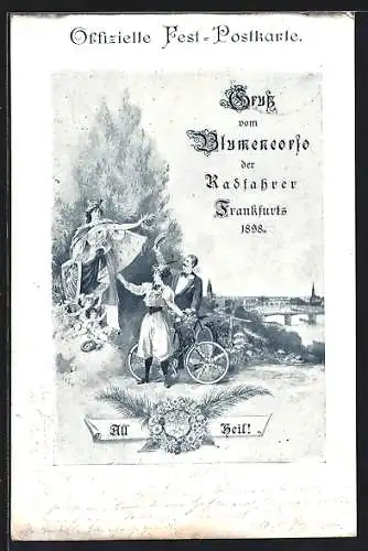 AK Frankfurt, Blumencorso der Radfahrer 1898, Paar mit Fahrrad grüsst Germania