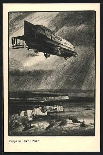 Künstler-AK Dover, Zeppelin über den Kriegsschiffen