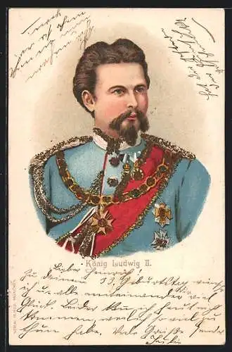 Lithographie Ludwig II. in Uniform mit Orden und Schärpe