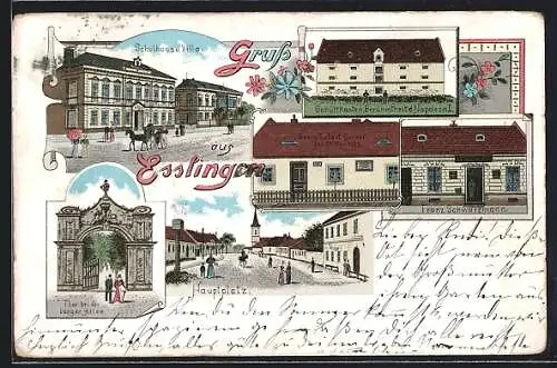 Lithographie Wien-Essling, Hauptplatz, Haus Franz Schwarzmann, Schüttkasten