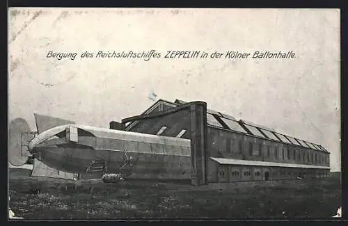 AK Köln, Bergung des Reichsluftschiffes Zeppelin in der Ballonhalle