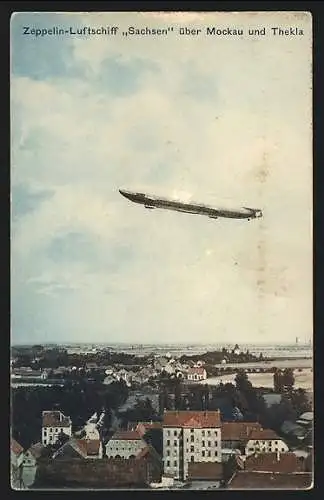 AK Mockau, Zeppelin-Luftschiff Sachsen über Mockau und Thekla