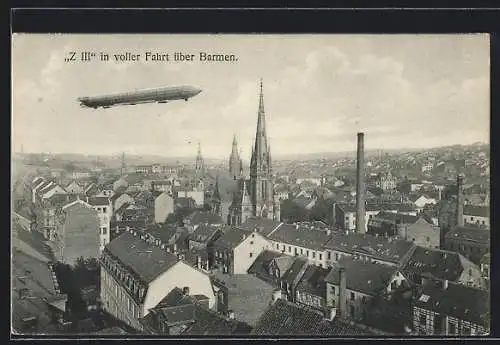 AK Barmen, Zeppelin Z III in voller Fahrt über dem Ort