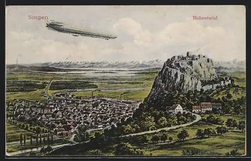 AK Singen / Hohentwiel, Zeppelin mit Hohentwiel