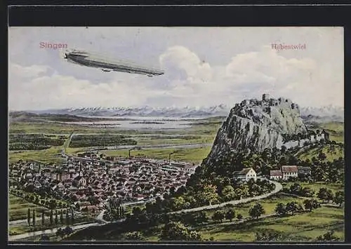 AK Singen / Hohentwiel, Zeppelin mit Hohentwiel