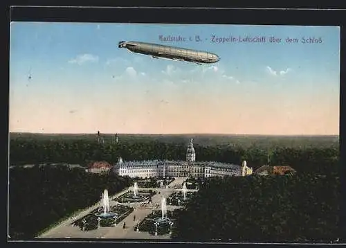 AK Karlsruhe i. B., Zeppelin-Luftschiff über dem Schloss
