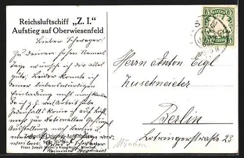 AK Oberwiesenfeld, Reichsluftschiff Zeppelin Z. I. beim Aufstieg